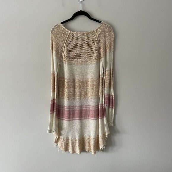 Free People Striped Distressed Knit High Low Hem Mini Sweater Tunic Cream Small - Picture 3 of 8